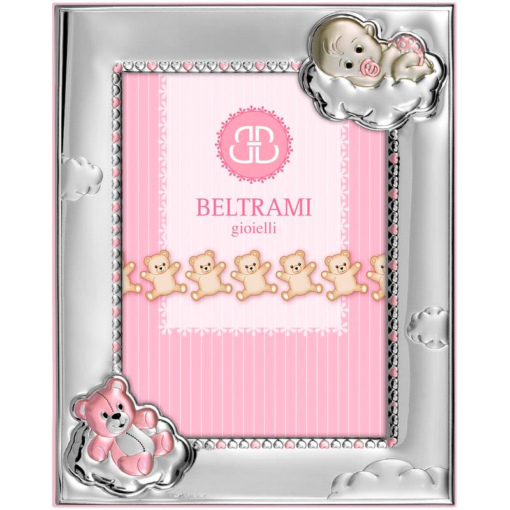 Portafoto Bimba Beltrami Bimba Su Nuvola BEL3704/4RA Realizzato in argento laminato, collezione Bimba su Nuvola, retro in legno. Misura cornice cm 13x18. Colore rosa.