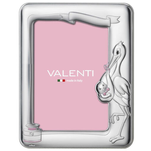 Portafoto bimba Valenti & co Cicogna VL72006/4LRA Realizzato in argento laminato, con cicogna , dietro in legno. Misura cornice cm 13x18. Colore rosa.
