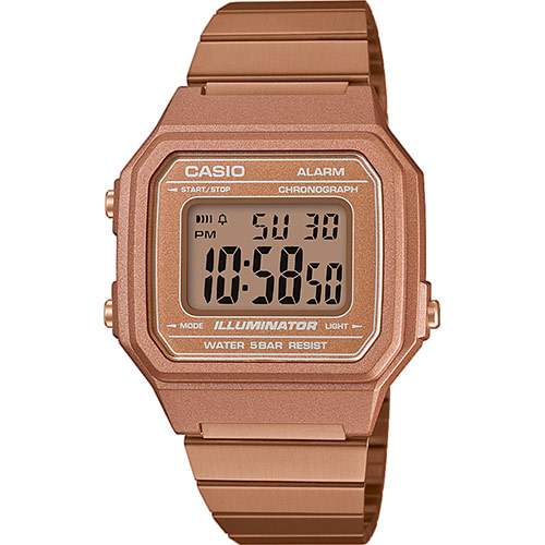 Orologio unisex Casio B650WC-5AEF Modello resina colore oro rosa, dimensioni 43,1 Mm X 41,2 Mm X 10,5mm (AXLXP). Orologio daylight a led. Per quadrante illuminante, cronometro con precisione cento 1/100 fino 1 ora massimo, allarme giornaliero, calendario automatico, formato 12/24 ore.