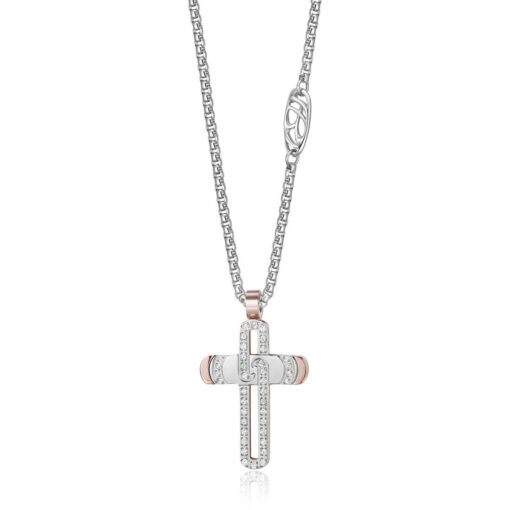 Collana unisex Luca Barra Be Happy CA397 Realizzata in acciaio rosè anallergico, con pendente a forma di croce e cristalli bianchi.